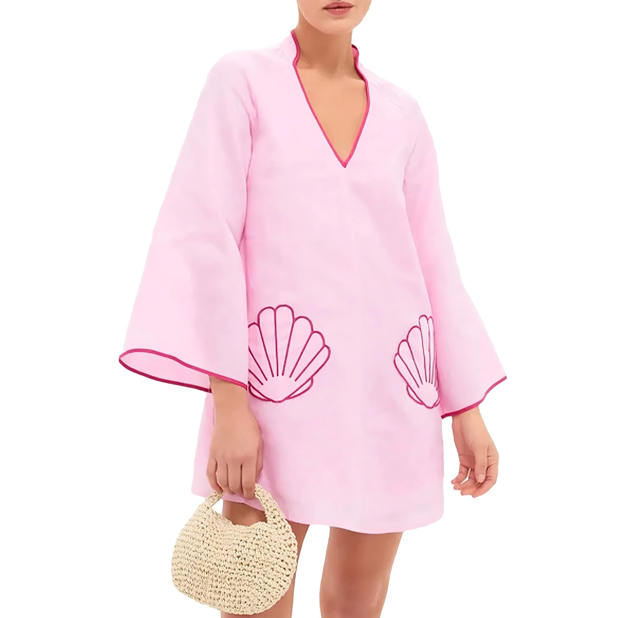 Czanzd Women's V-Neck Babydoll Mini Dress 3/4 Sleeve Loose Fit Summer Cover Up with Shell Embroid... | Walmart (US)