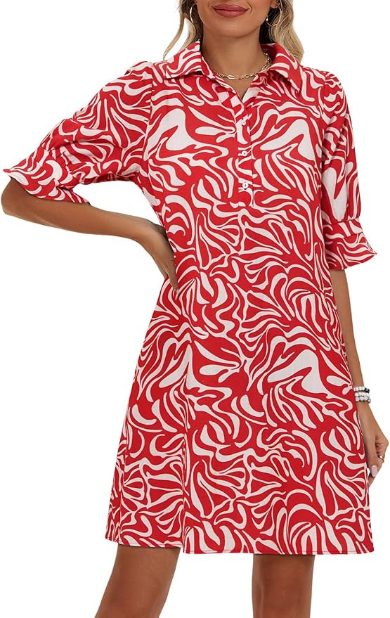 FENSACE Womens Casual Shirt Dress Ruffle Sleeve Button Down Shift Summer Dresses with Pockets | Amazon (US)