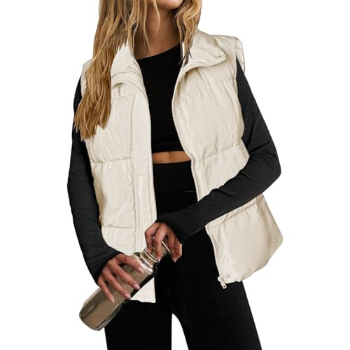 Women Puffer Vest Lightweight Stand Collar Sleeveless Winter Warm Zip Up Padded Outerwear Jackets with Pockets Beige | Amazon (US)