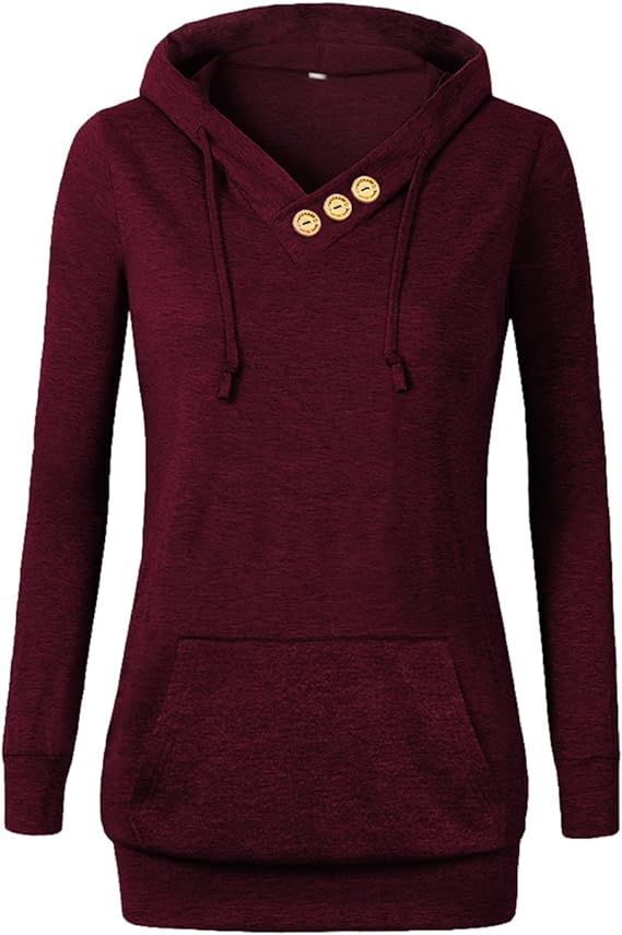 VOIANLIMO Women's Sweatshirts Long Sleeve Button V-Neck Pockets Pullover Hoodies | Amazon (US)