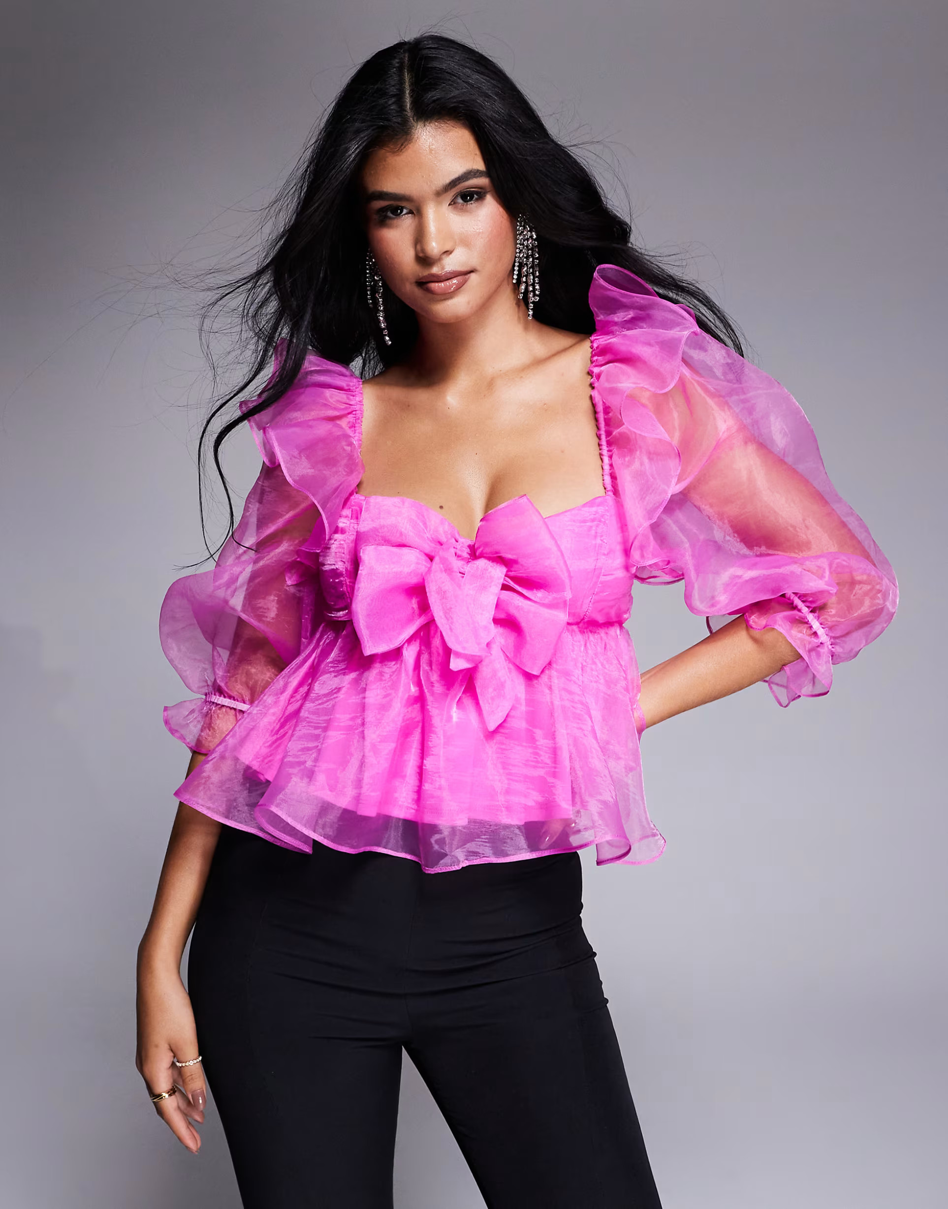 ASOS LUXE organza babydoll top with bow details in hot pink | ASOS (Global)