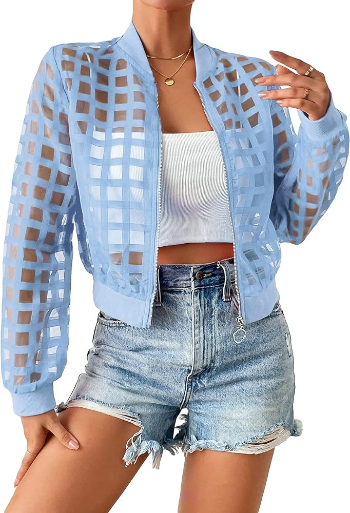 Floerns Women's Hollow Out Long Sleeve Baseball Collar Zip Up Bomber Jacket | Amazon (US)