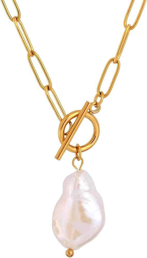 Gold Paperclip Toggle Necklace Pendant for Women Natural Gemstone Pearl Cubic Zirconia Paper Clip... | Amazon (US)
