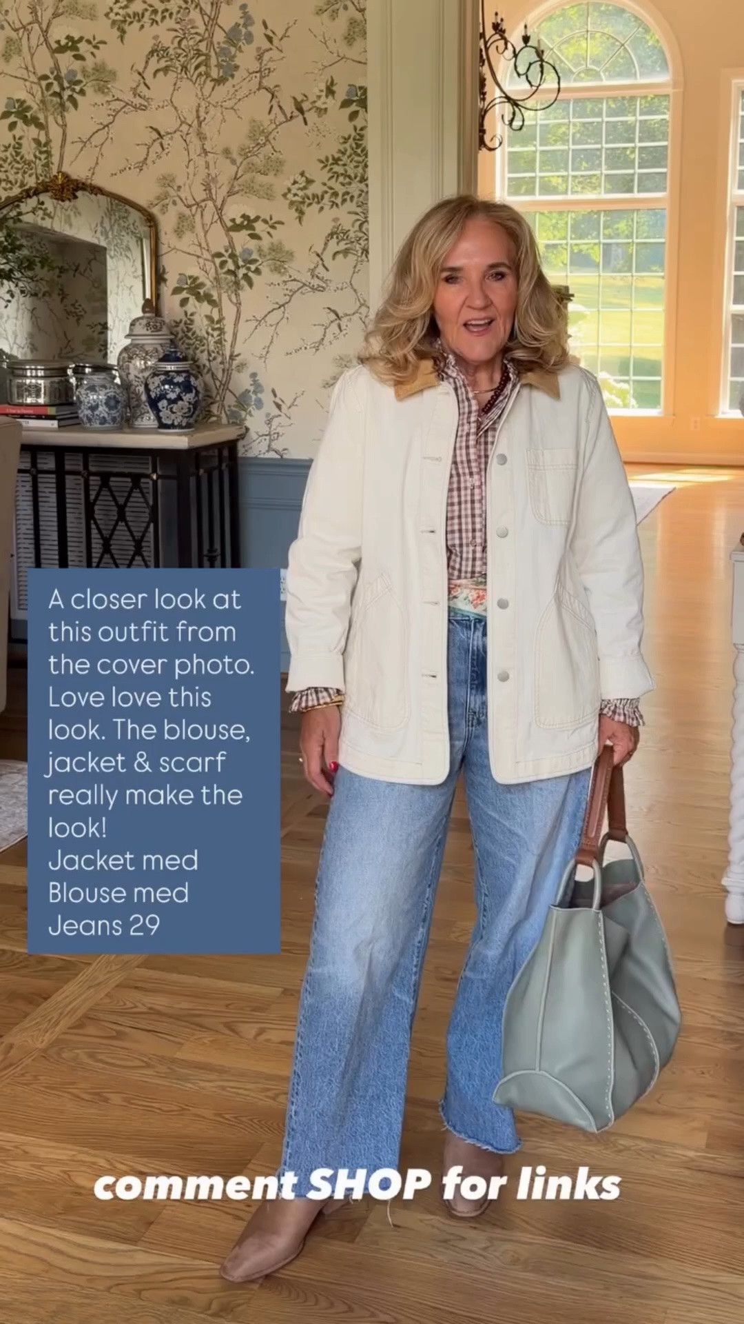 A closer look at this outfit from the cover photo. Love love this look. The blouse, jacket & scarf really make the look! 
Jacket med 
Blouse med 
Jeans 29

#LTKOver40 #LTKootd #LTKSeasonal