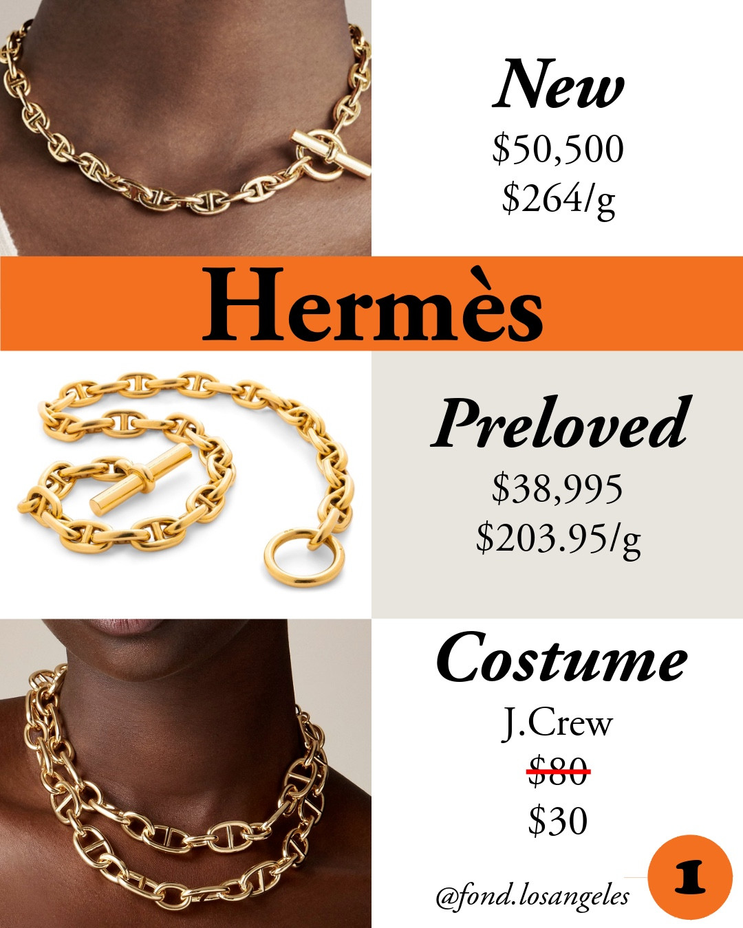 As of today, the price of gold is $85.61 per gram, and sterling silver is $0.9904 per gram. It’s fascinating to compare the price of jewelry from new to preloved, and I appreciate that The Real Real lists the weight in grams for each piece.

1. Hermes’ necklace is 18k gold. J.Crew’s pieces are brass, gold-plated recycled zinc, and cubic zirconia.

2. Both Hermes and Etsy use sterling silver. The Etsy mariner necklaces are come in 4.6mm to 14mm; the Hermès necklace is 10mm wide.

3. The Herakles Knot Ring from The Met Store is 14K gold plate over 925 Sterling silver base. Hermès’ ring is 18k gold.

4. The Hermès bracelet is sterling silver, and Mango is 100% zinc.

5. The Hermès necklace is 18k gold, and Mango uses 85% brass, 8% stainless steel, 5% zinc, 2% acrylic.

Lots of brands have mariner chain necklaces now, but J.Crew’s gold tone is warm, rich, and beautiful. Cos looks a bit too green to me.#classicstyle #hermes #jewelry#LTKHoliday

#LTKFindsUnder50 #LTKStyleTip #LTKParties #LTKGiftGuide #LTKWatchNow
