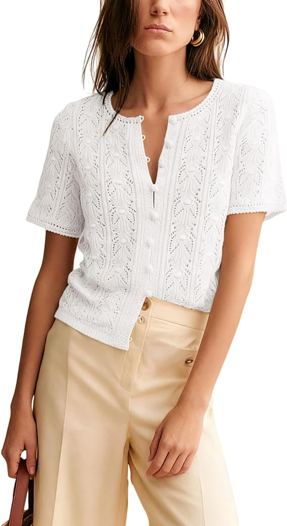 Bianstore Womens Casual Short Sleeve Crochet Knit Cardigans Lightweight Button Down Hollow Out Sw... | Amazon (US)