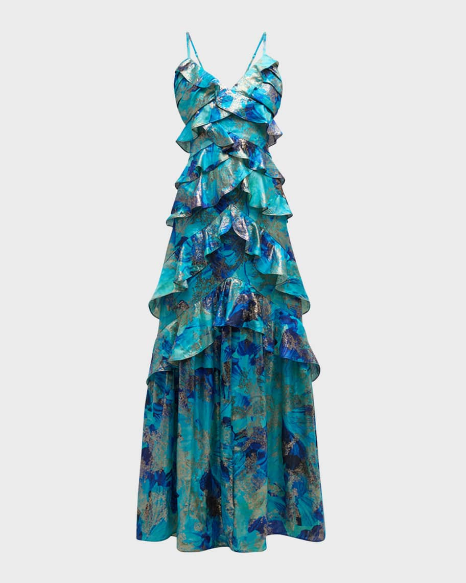 Harlen Ruffle Tiered Metallic Jacquard Gown | Neiman Marcus