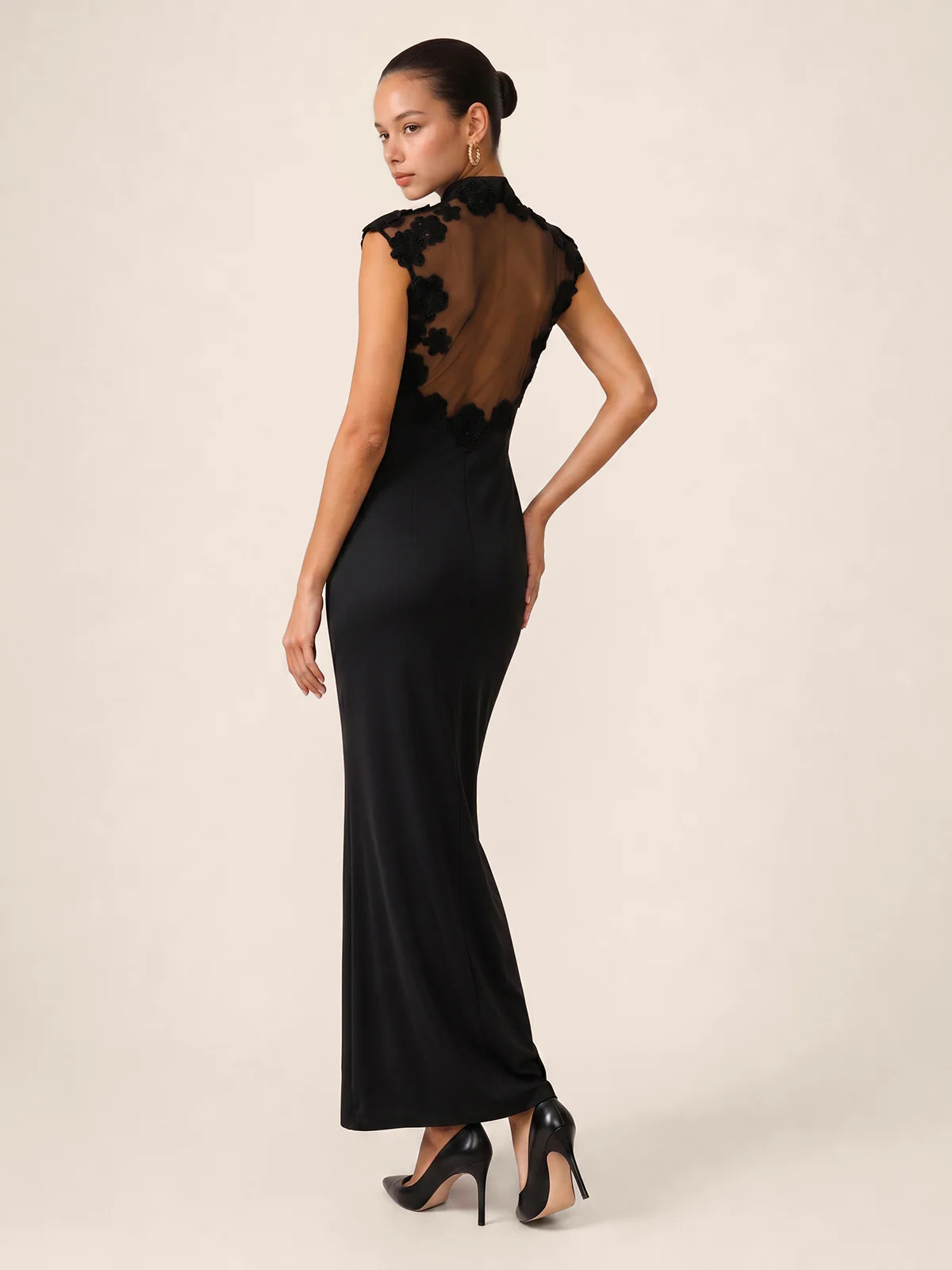 Floral Appliqué Sheer Back Mandarin Collar Maxi Dress | Commense