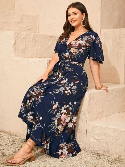 Plus Floral Belted Ruffle Wrap A-line Dress | SHEIN