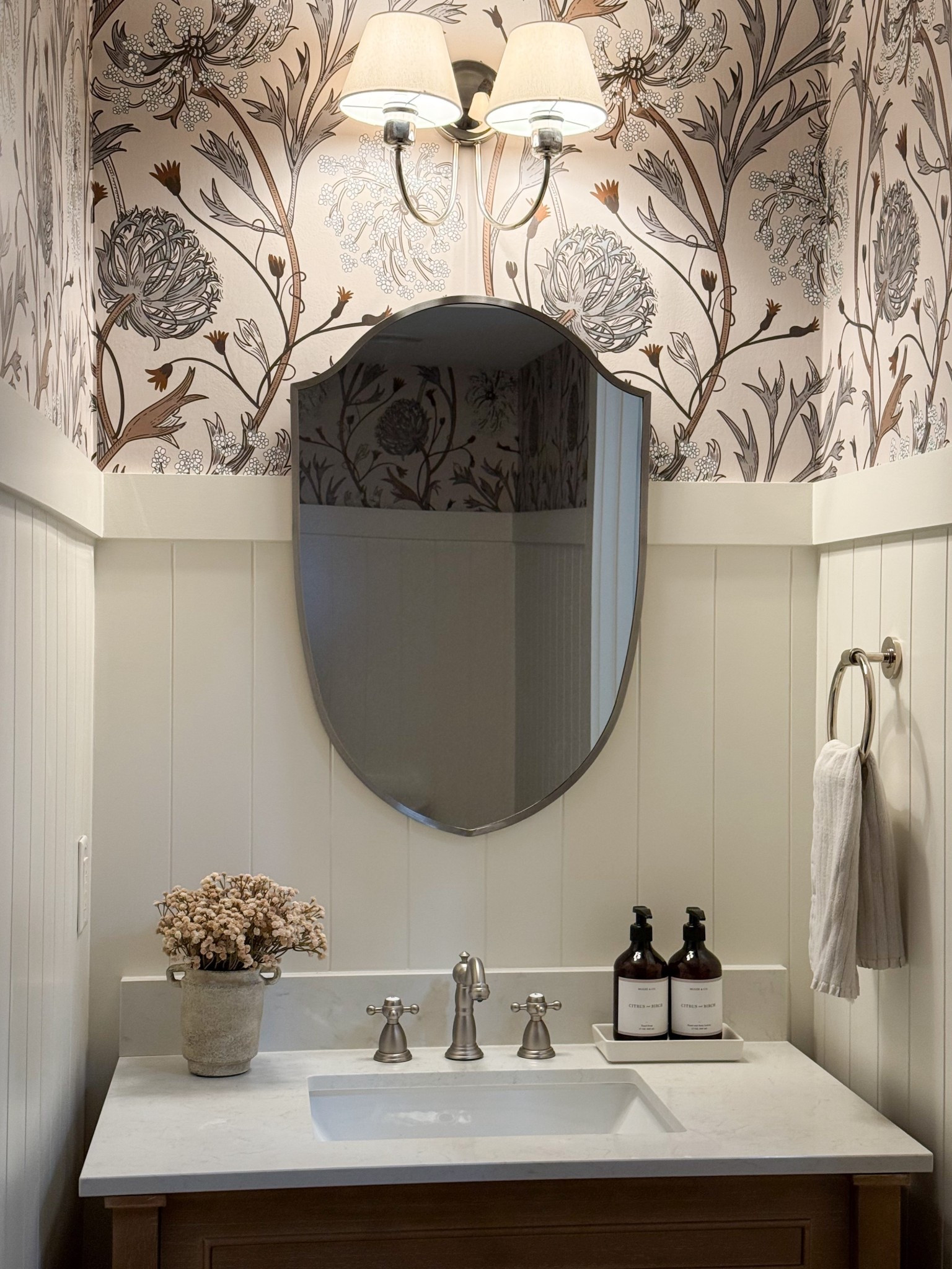 Half bath decor, floral wallpaper, Amazon mirror, bath faucet, pretty hand soap 

#LTKHome