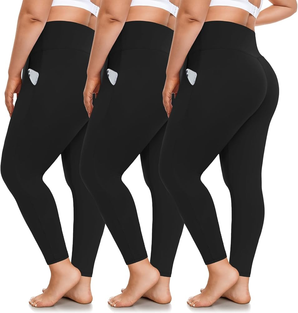 FULLSOFT 3 Pack Plus Size Leggings with Pockets for Women-High Waisted Tummy Control 1X-4X Soft Y... | Amazon (US)