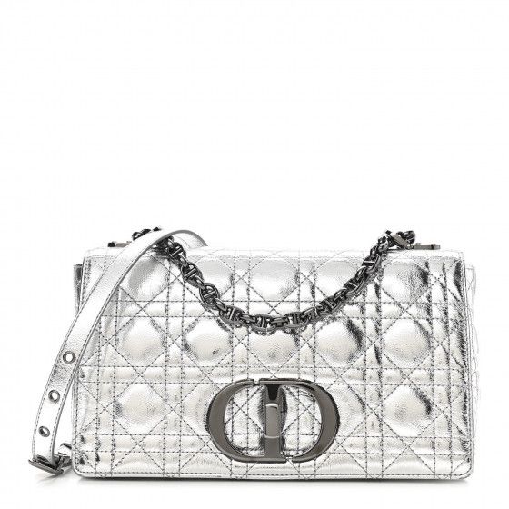 CHRISTIAN DIOR Metallic Calfskin Cannage Medium Caro Bag Argent | Fashionphile