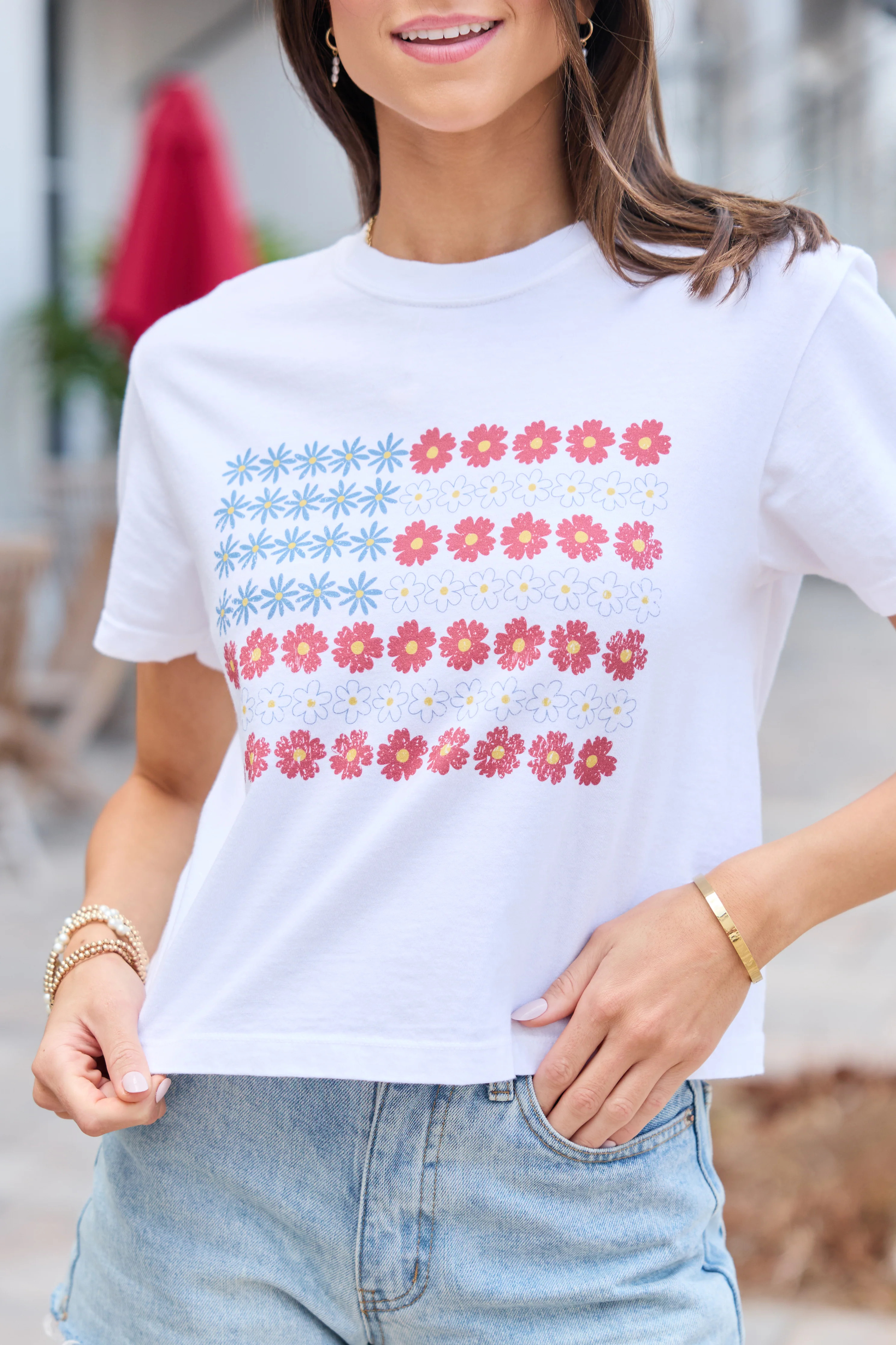 Multi Floral Flag White Boxy Graphic Tee SALE | Pink Lily