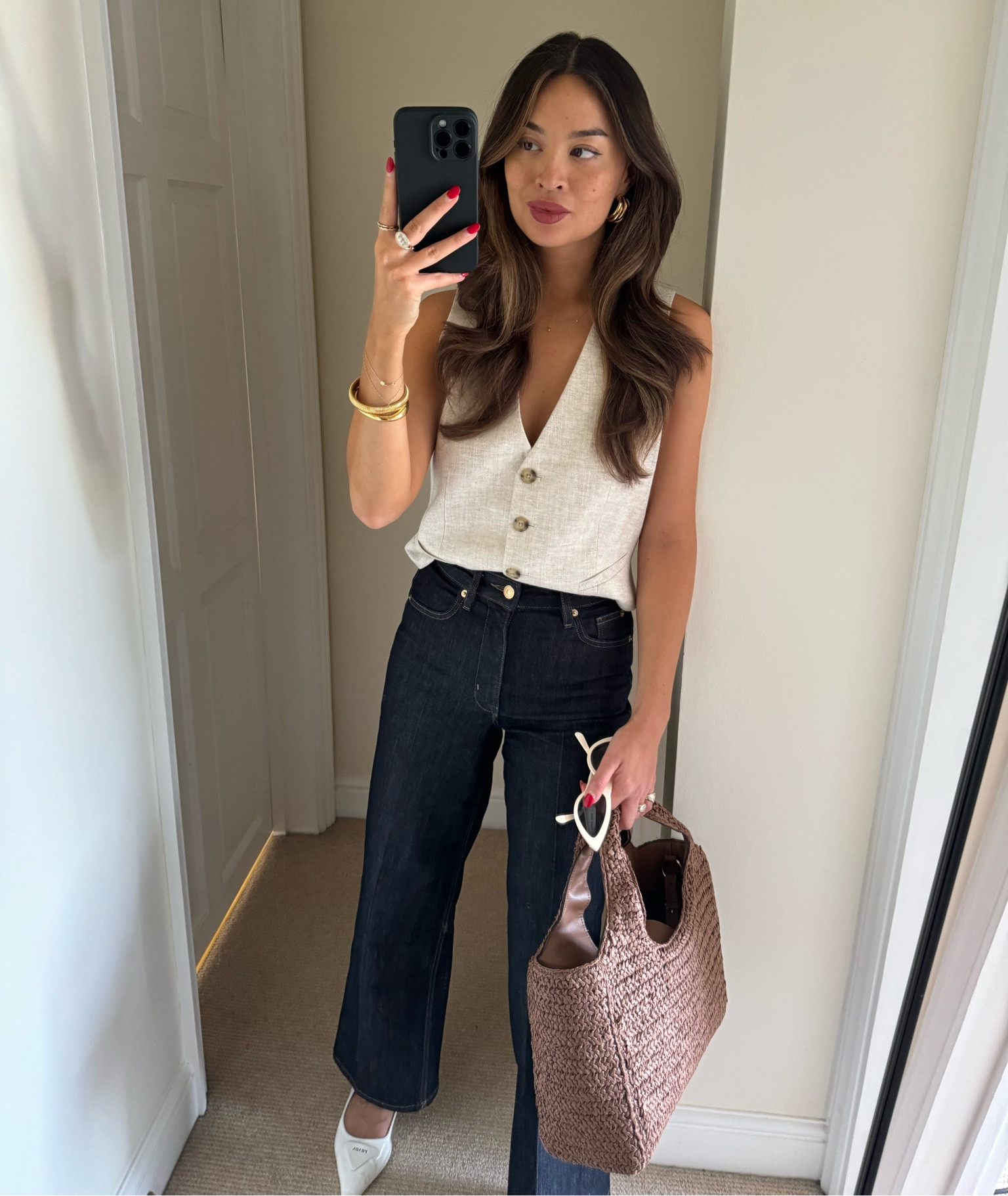 Look 3 from my M&S linen reel — I wear a 8 in the waistcoat and an 8 (short) in the jeans! #dupe #linenwaistcoat #waistcoat 