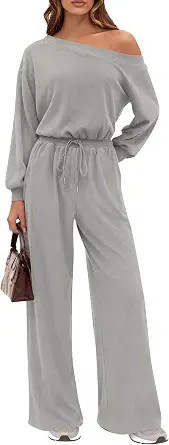 PRETTYGARDEN Womens Off Shoulder Long Sleeve Jumpsuit | Comfy Stretchy Material, Drawstring High ... | Amazon (US)