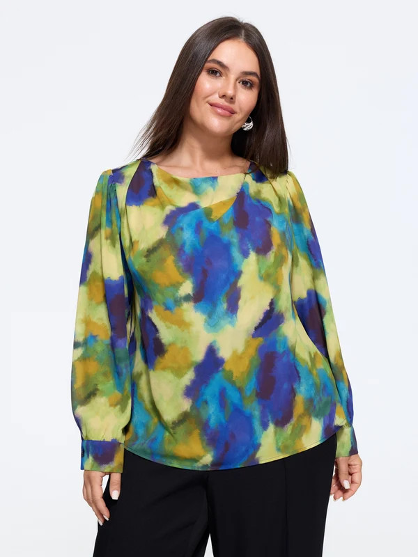 Watercolor Abstract Print Boat Neck Blouse | Bloomchic