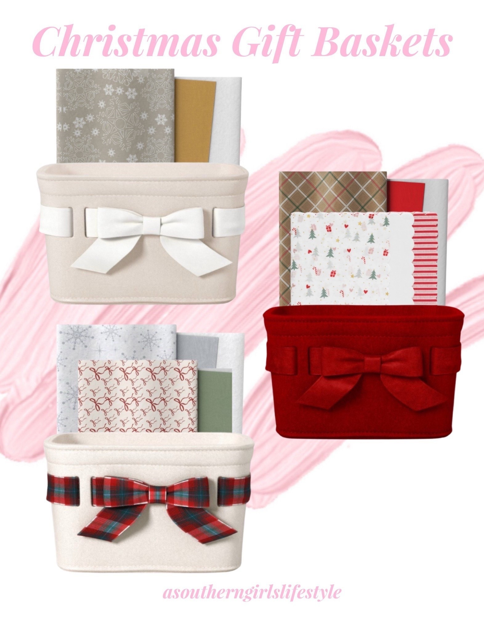 Christmas Gift Baskets - always fun since the pretty basket can be used after & for many years to come!

Cream Felt Bow Basket/Snowflake Tissue Paper, Red Felt Bow Basket/Holiday Plaid or Christmas Icon or be wild & mix both, Plaid Bow Basket/Gray Snowflakes or Red Bow Tissue or mix them! 

#LTKGiftGuide #LTKSeasonal #LTKHoliday