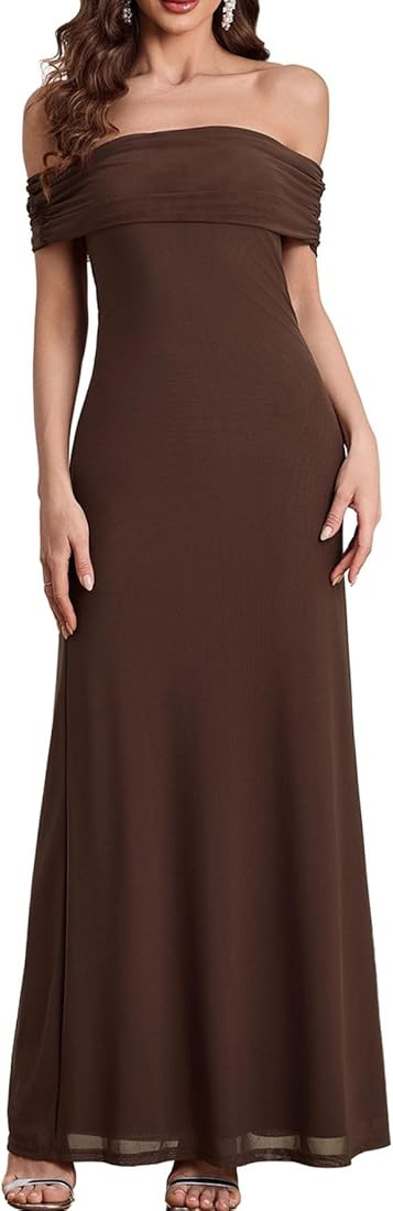 Colysmo Women Off Shoulder Mesh Bodycon Maxi Dress Ruched Formal Wedding Guest Long Dresses | Amazon (US)