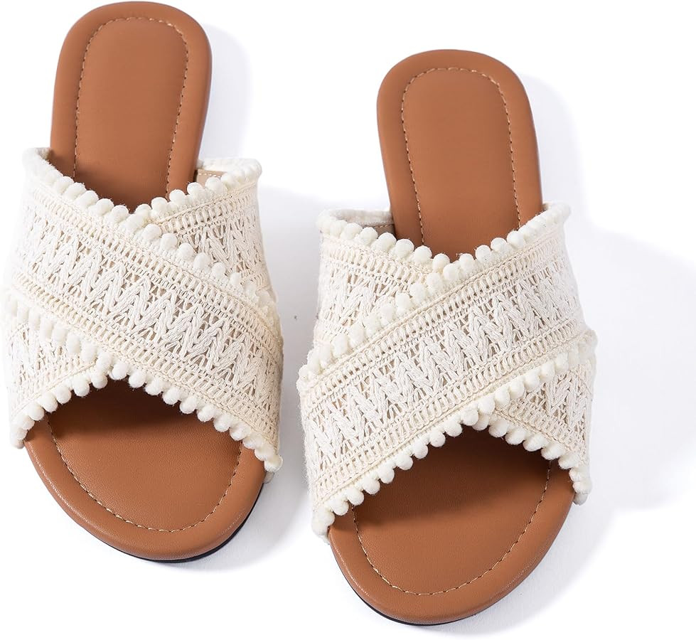Mtzyoa Women Crisscross Flat Sandals with Pom Pom Trim, Woven Macrame Design, Open Toe Slip On Su... | Amazon (US)