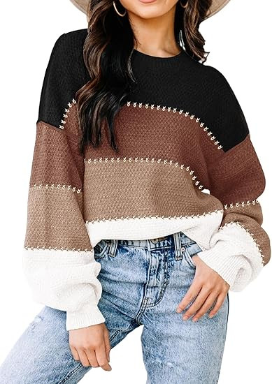 Womens Sweaters Fall 2024 Fashion Long Sleeve Color Block Oversized Sweaters Trendy Casual Crew N... | Amazon (US)