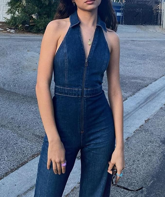 Glkaend Denim Jumpsuit for Women Sexy Slim Fit Zipper Sleeveless V-Neck High Waist Fashion Jean P... | Amazon (US)