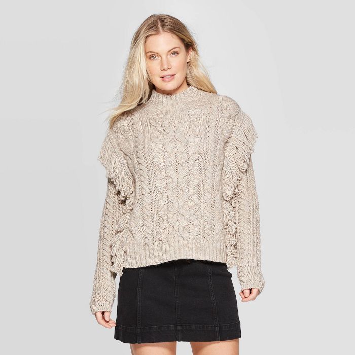 Women's Long Sleeve Mock Turtleneck Cable Fringe Pullover Sweater- Universal Thread™ | Target