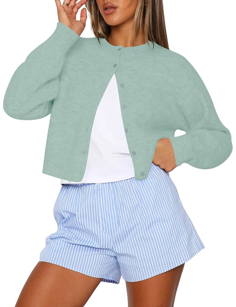 Kistore Womens Cropped Cardigan Sweaters Crew Neck Long Sleeve Button Up Sweaters Lightweight Kni... | Amazon (US)