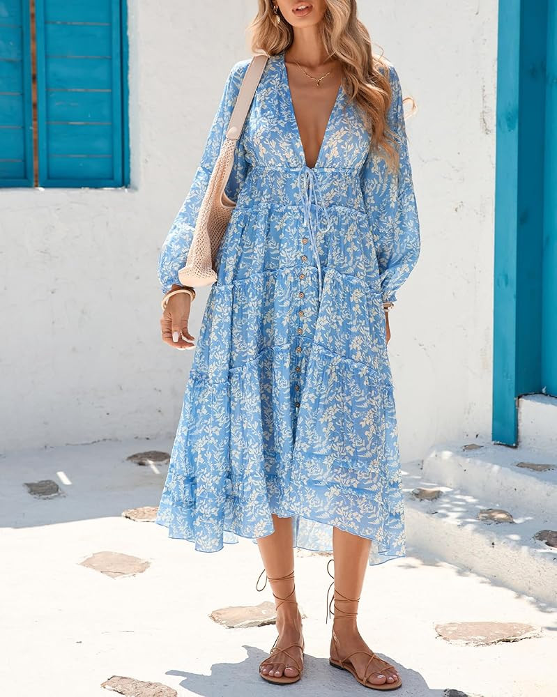 Women's Boho Floral Midi Dress Long Sleeve V Neck Button Down Tie Dresses Summer Casual Loose Out... | Amazon (US)