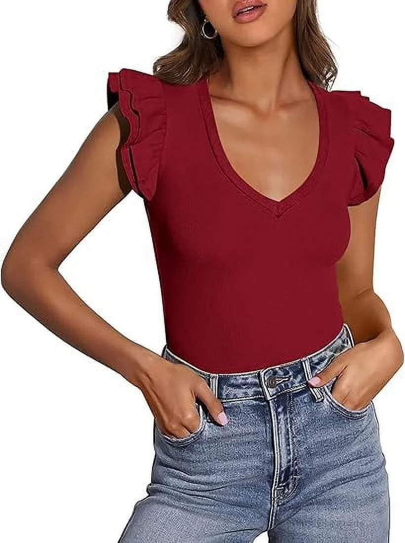 PRETTYGARDEN Womens V Neck Summer Tops Ruffle Sleeveless Slim Fit T Shirts Going Out Casual Blous... | Walmart (US)