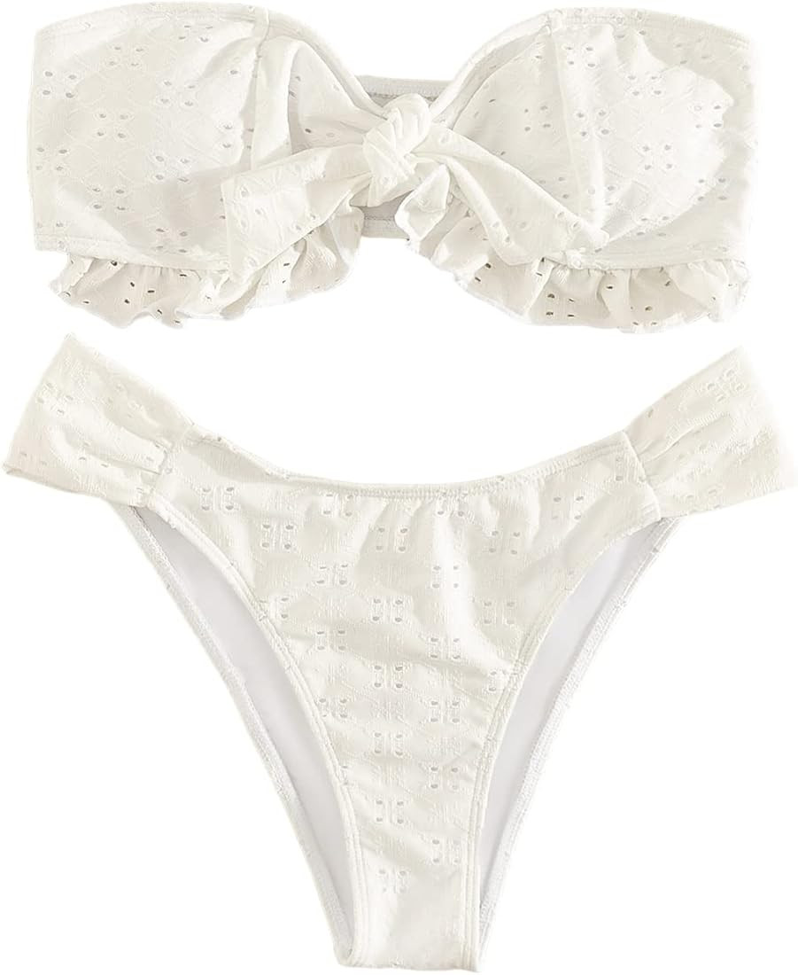 WDIRARA Women's Ruffle Knot Front Bandeau Bikini Set 2 Piece Strapless Swimsuit | Amazon (US)