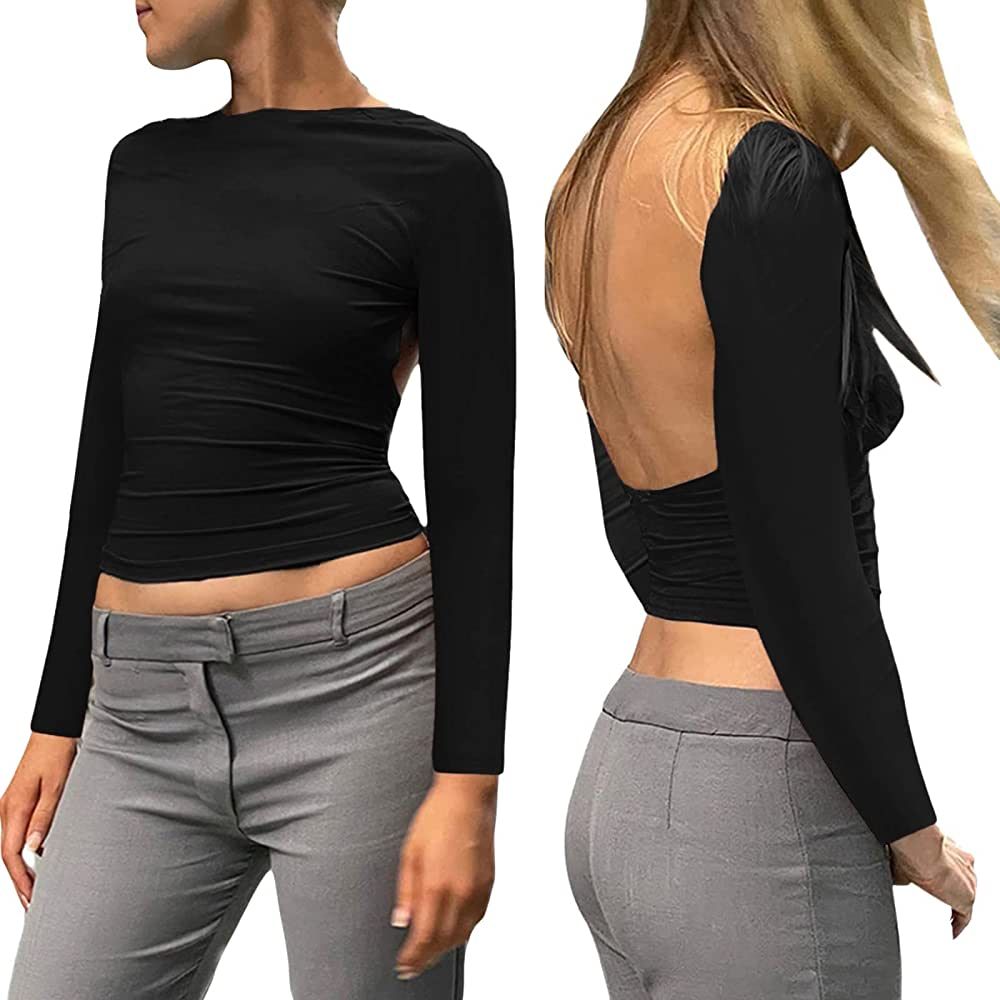 Damen Sexy Rückenfreies Top Shirts Langarm Slim Fit Cropped Tee Cut Out Oberteile Y2 K Front Bac... | Amazon (DE)