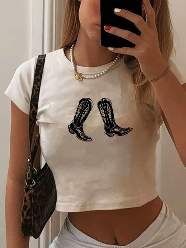 SHEIN EZwear Casual & Simple Western Cowboy Boots Printed White Round Neck Crop Sleeve T-Shirt Fo... | SHEIN
