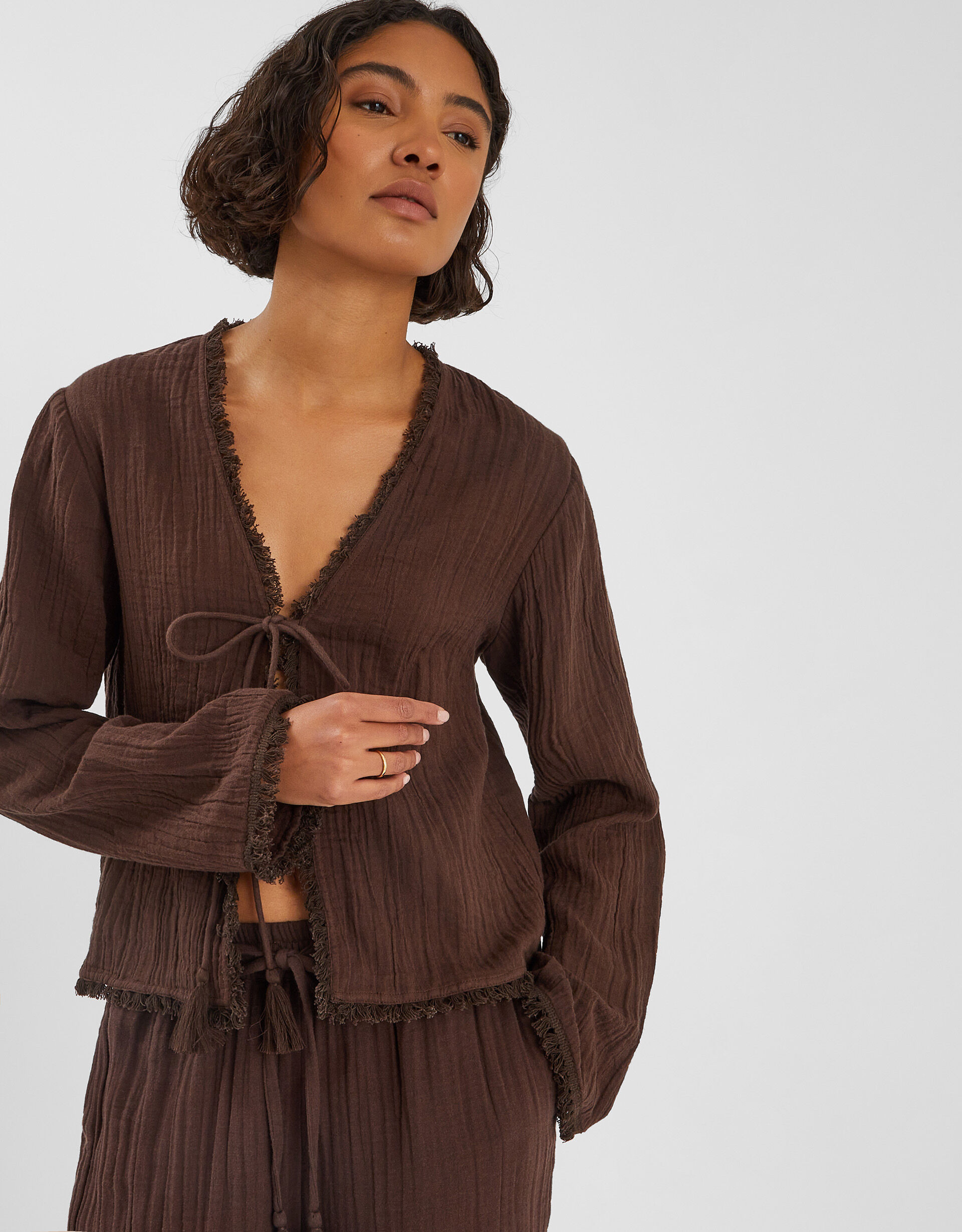 Crinkle Long Sleeve Tie Top Brown | Accessorize (Global)