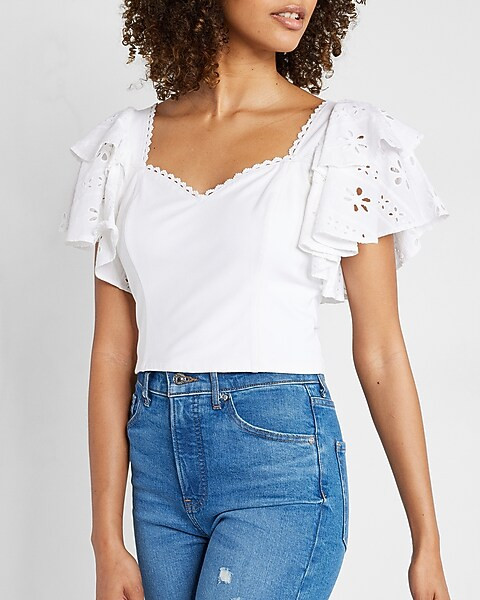 Sweetheart Eyelet Ruffle Sleeve Cropped Top | Express