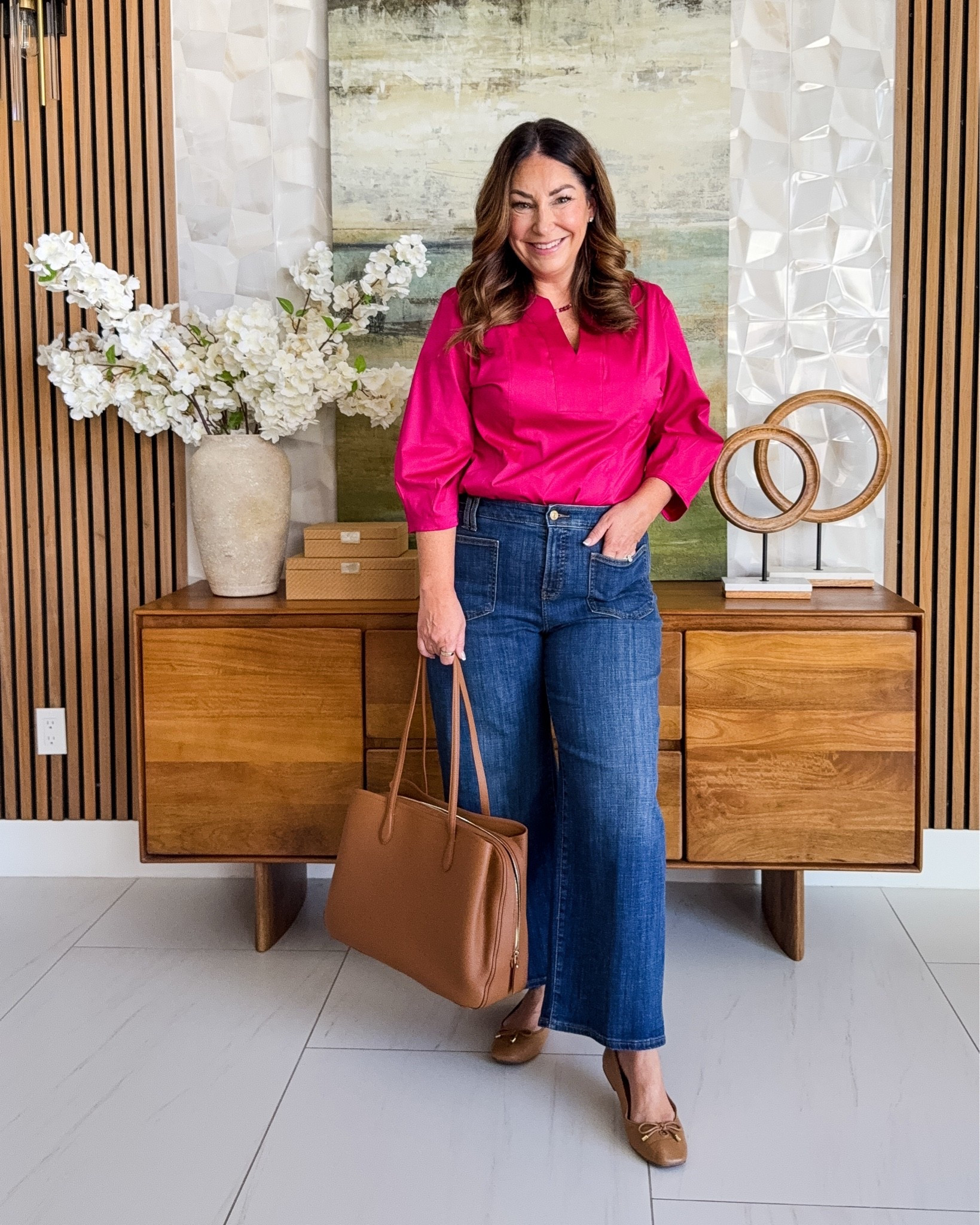 @chicos wide leg cropped jeans work well with flats or sneakers perfect for a casual office or classroom with this 3/4 hot pink poplin top. 

Sizing: Jeans tts, L/12 | Top tts, L 

#LTKOver40 #LTKMidsize

#LTKWorkwear
