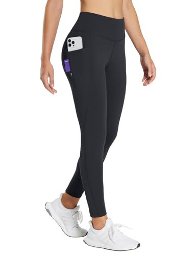 BALEAF 25'' Women's Fleece Lined Leggings Petite Water Resistant High Waist Winter Running Hiking Pants Zipper Pockets Black M | Amazon (US)