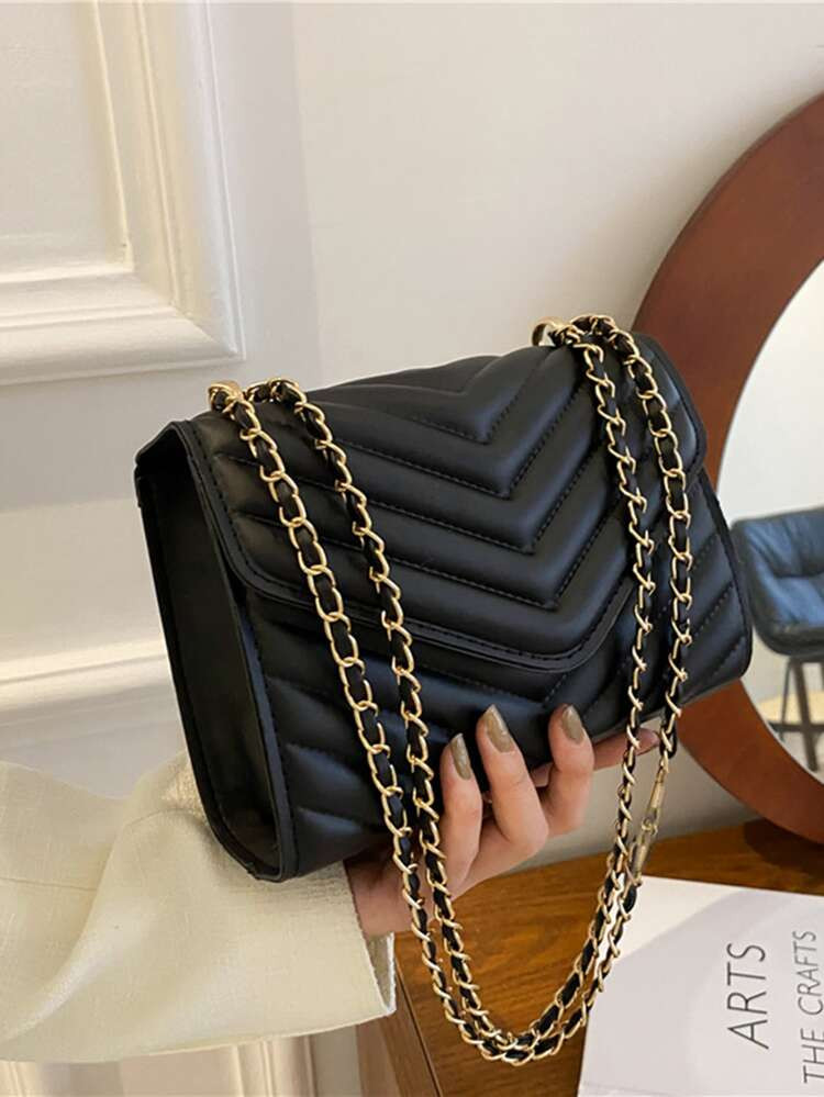 Quadratische Tasche mit Chevron Prägung, Kette | SHEIN