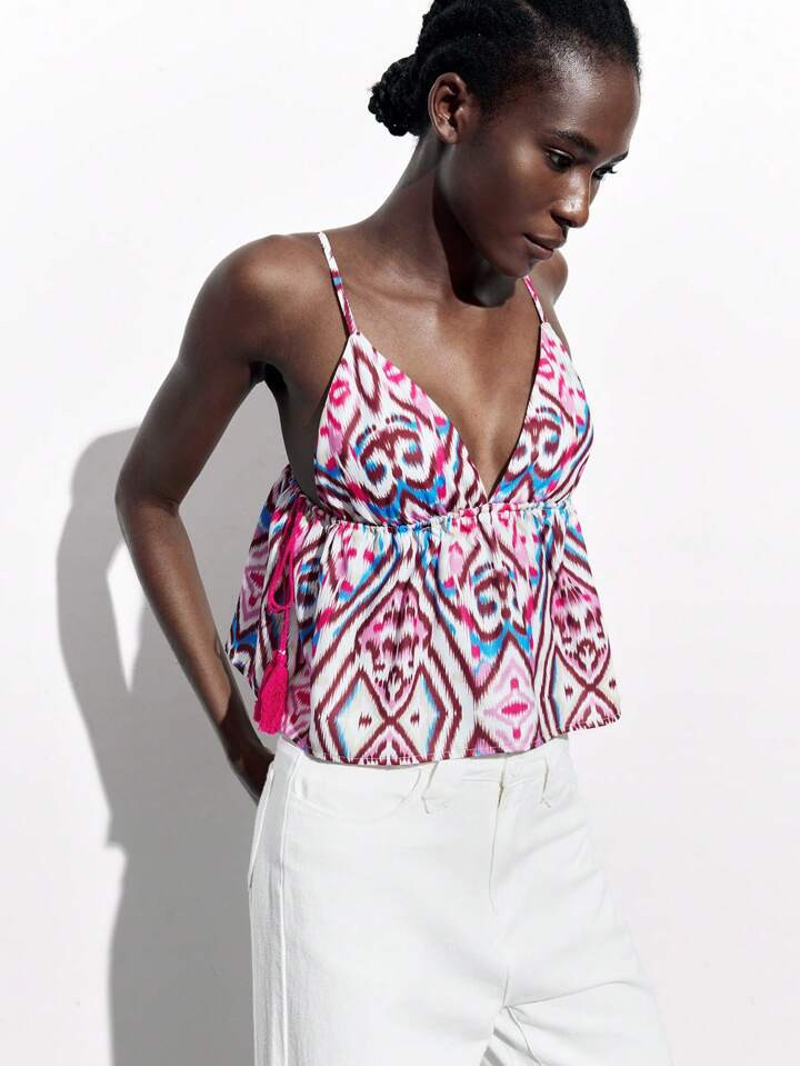 Maija Ladies' Vintage Print Fringe Tie-Up Holiday Camisole In Rose Red For Summer | SHEIN