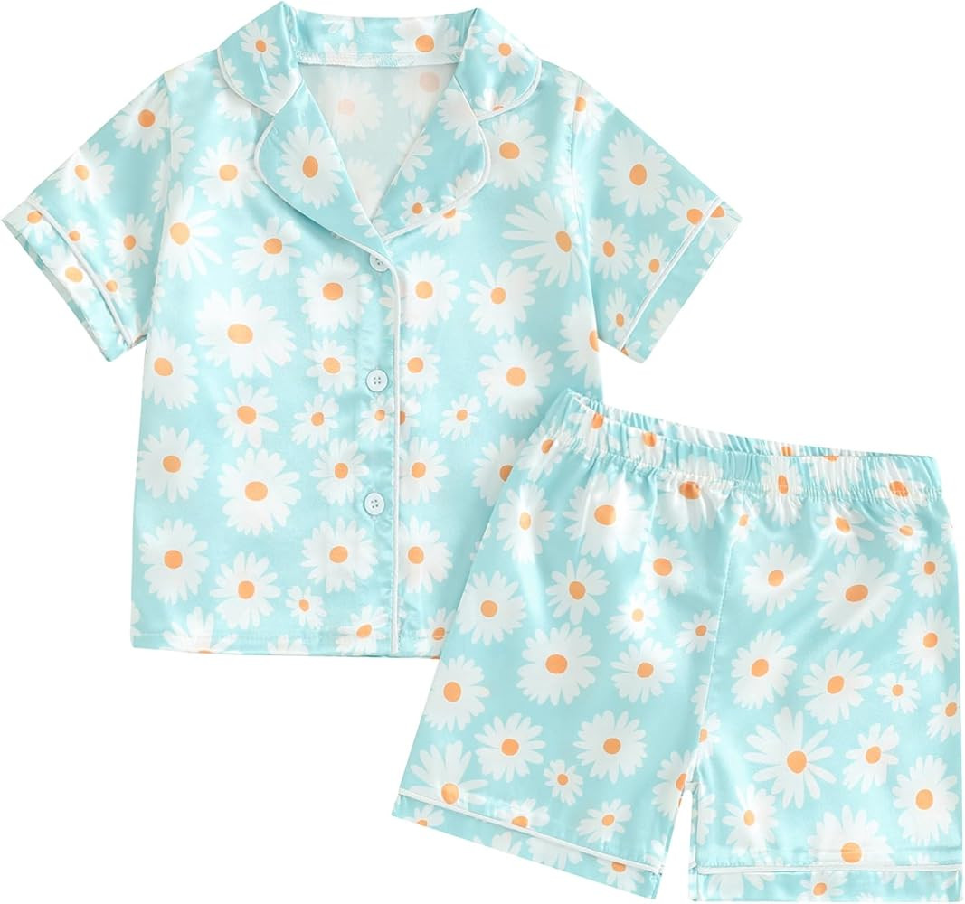 Multitrust Baby Girls Silk Pajamas Set Daisy Floral Girl Short Sleeve Button Down Shirts and Shor... | Amazon (US)