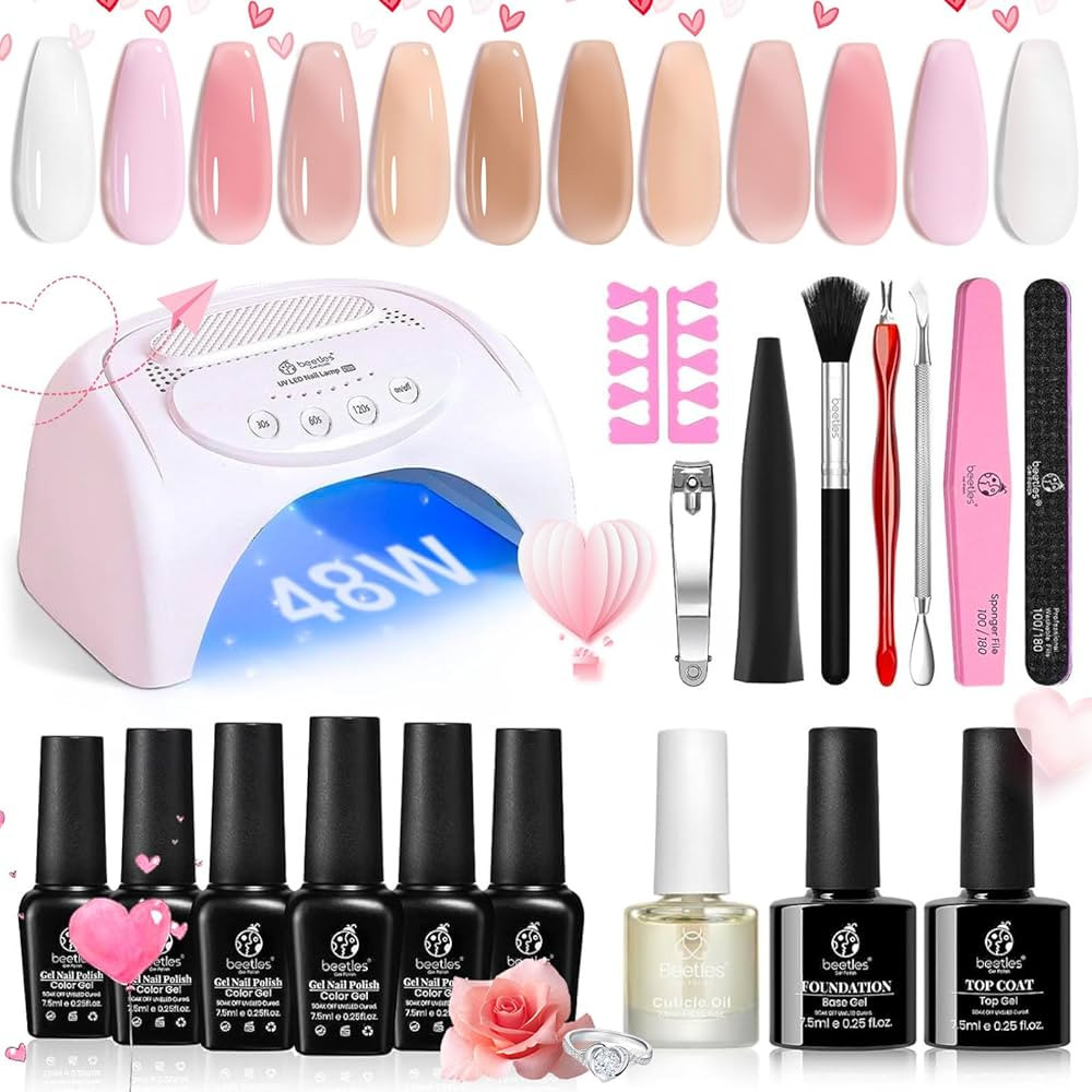 Beetles Gel Nail Polish Kit with U V LED Light 48W,6 Colors Jelly Milky White Sheer Pink Nude Gel... | Amazon (US)