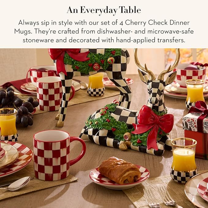 MACKENZIE-CHILDS Set of 4 Stoneware Mugs, Cute Tea and Coffee Mugs, 11 Ounces, Red-and-White Cher... | Amazon (US)
