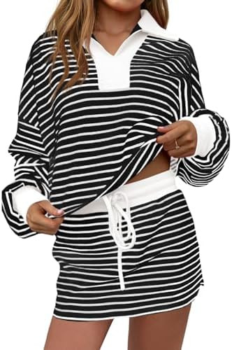 Fisoew Womens Striped 2 Piece Outfits Casual Sweatshirt Skirt Set Long Sleeve Skort Workout Set M... | Amazon (US)