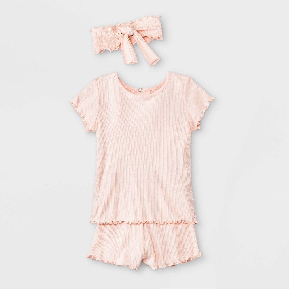 Grayson Mini Baby Girls' 3pc Rib Top & Bottom Set with Headband - Pink 6-9M | Target