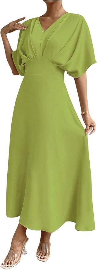 Floerns Women's V Neck Half Sleeve Ruched Cocktail Evening A Line Long Dress | Amazon (US)