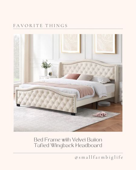 Bed frame with velvet button tufted wingback headboard with strong wood slats support. No box spring needed. Beige. Bedroom  

#LTKHome