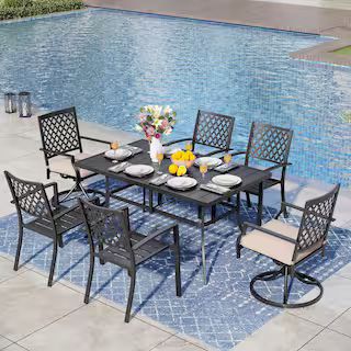 PHI VILLA 7-Piece Metal Patio Outdoor Dining Set with Rectangle Table and Swivel Chair with Beige... | The Home Depot