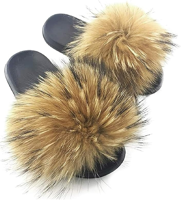 Faux Fur Slides for Women, Fuzzy Slippers Fluffy Sandals Furry House Shoes Indoor Outdoor | Amazon (US)