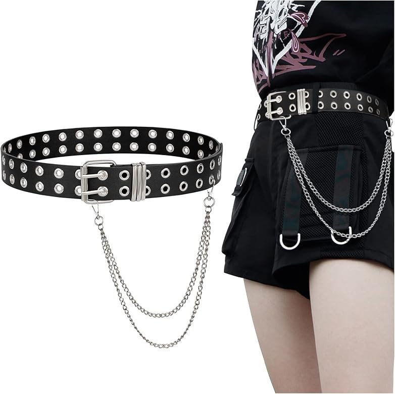 FIORETTO Grommet Leather Belt with Detachable Chain Women Men Punk Rock Waist Belts for Jeans Pan... | Amazon (US)