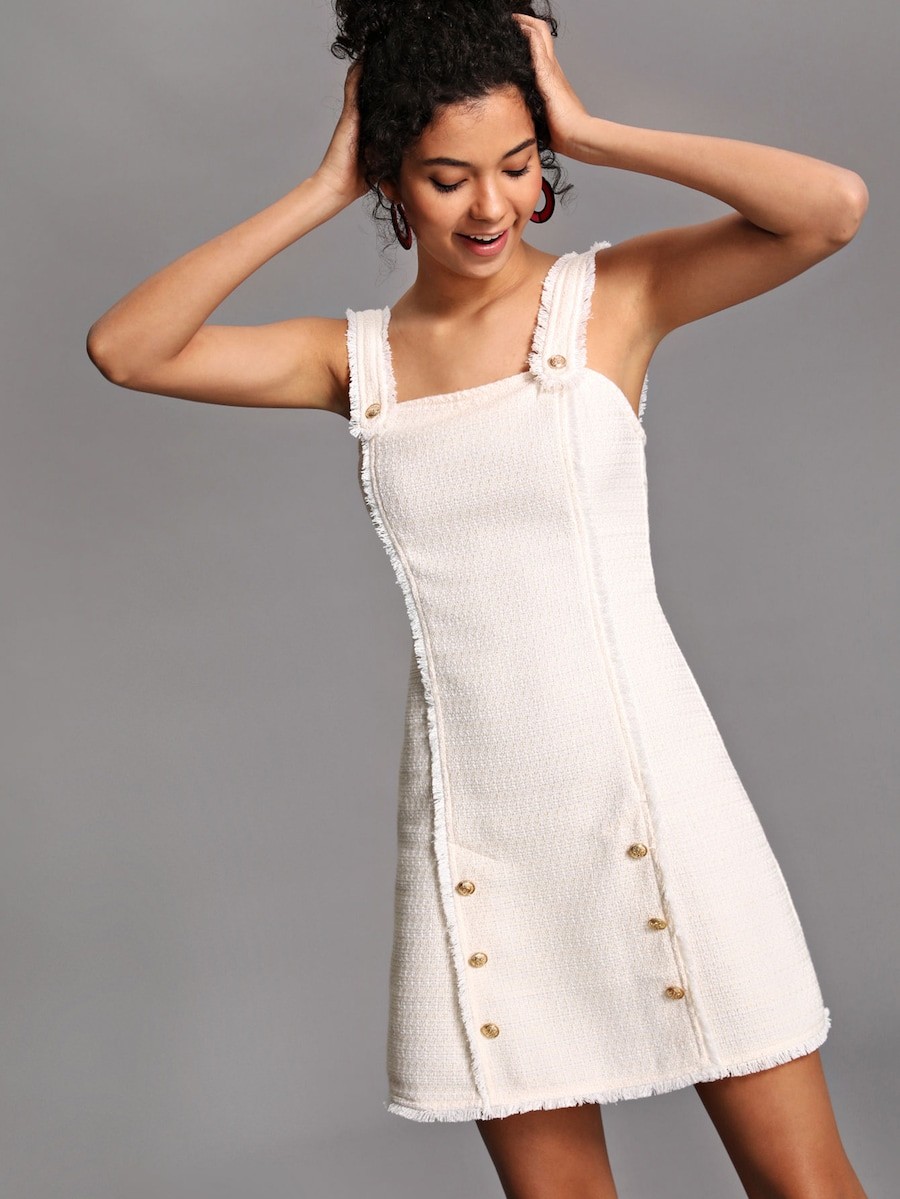 Button Detail Raw Edge Tweed Dress | SHEIN