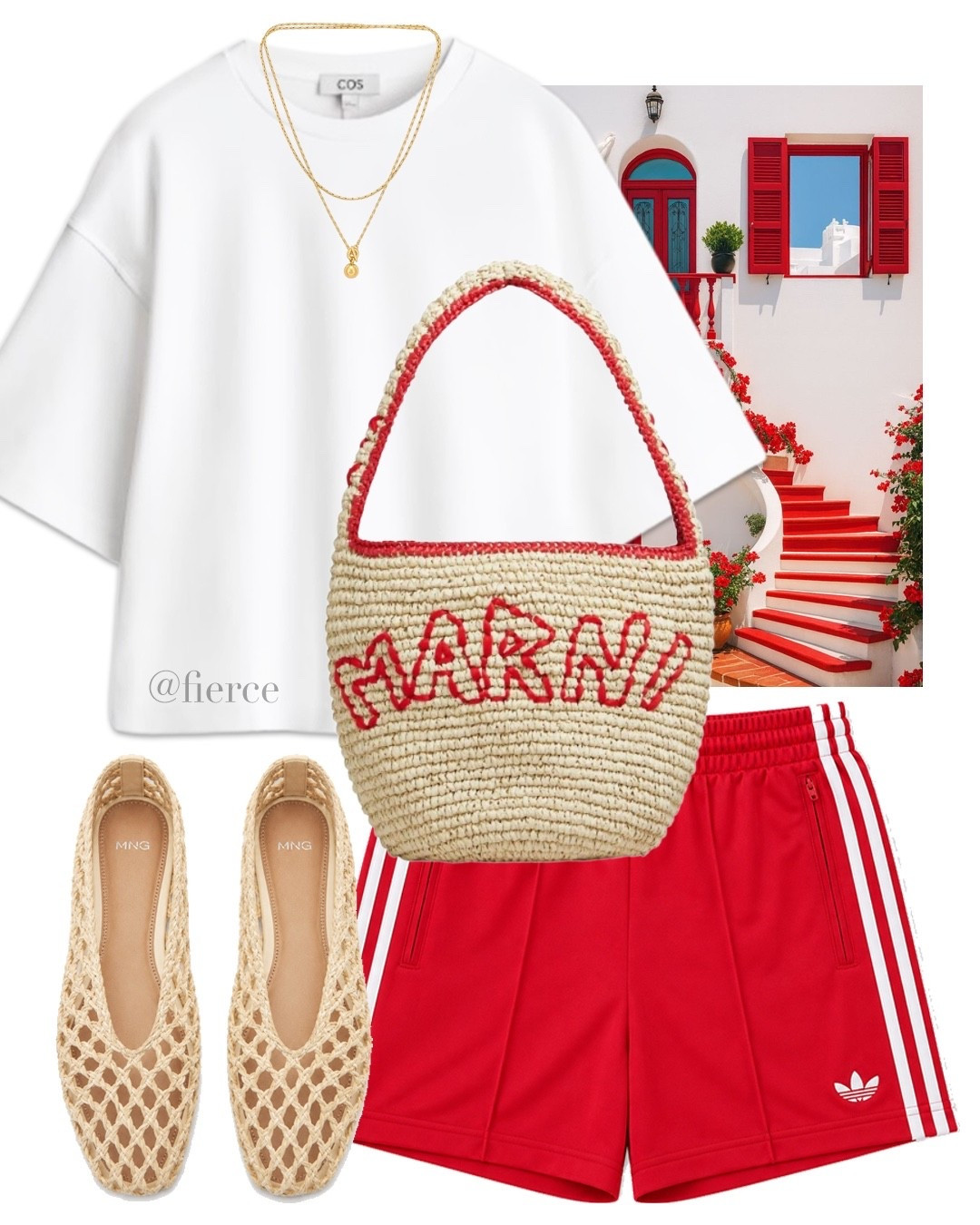 Adidas red shorts white tshirt raffia ballet flats casual vacation outfit weekend look

#LTKuk #LTKsummer #LTKeurope